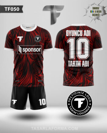 Kırmızı Geçişli Siyah Futbol Forması Şortlu Set TF0050