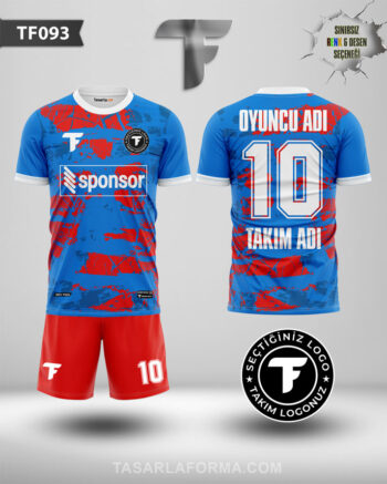 Kırmızı Parça Desenli Mavi Futbol Forması Özel Üretim TF0093