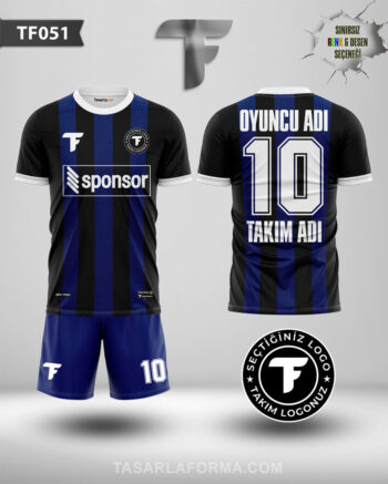 Mavi Çizgili Siyah Futbol Kendi Takım Formalarını Online Oluştur TF0051