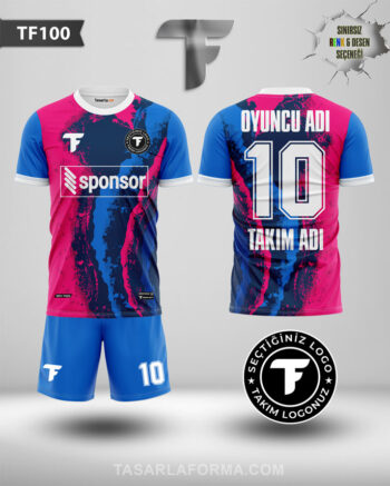 Pembe-Laci Fırça Desenli Mavi Futbol Dijital Baskı Forma Üretimi TF0100