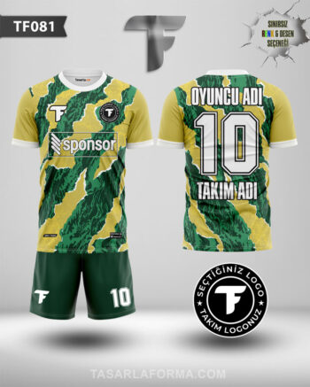 Sarı Fırça Desenli Yeşil Futbol Forma Tasarla Isim Ve Numara Ekle TF0081