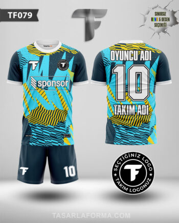 Sarı-Turkuaz Desenli Lacivert Futbol Dijital Forma Tasarla Ve Bastır Kolayca TF0079